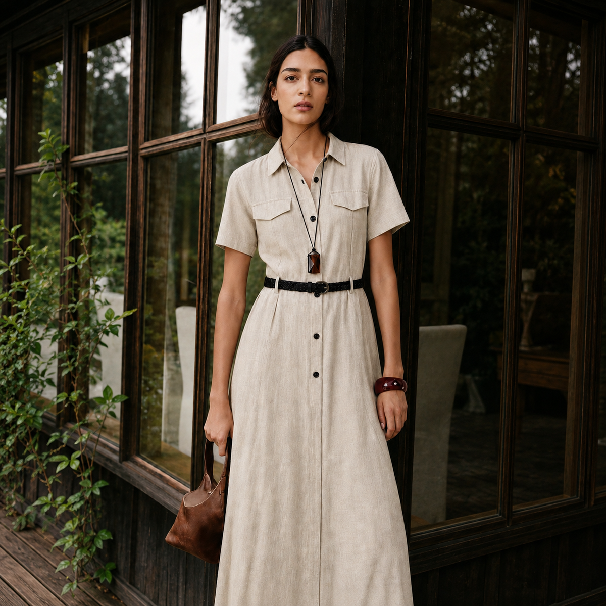 LINEPHRA Retro Pure Linen Shirt Dress with a waist belt and chest pockets
