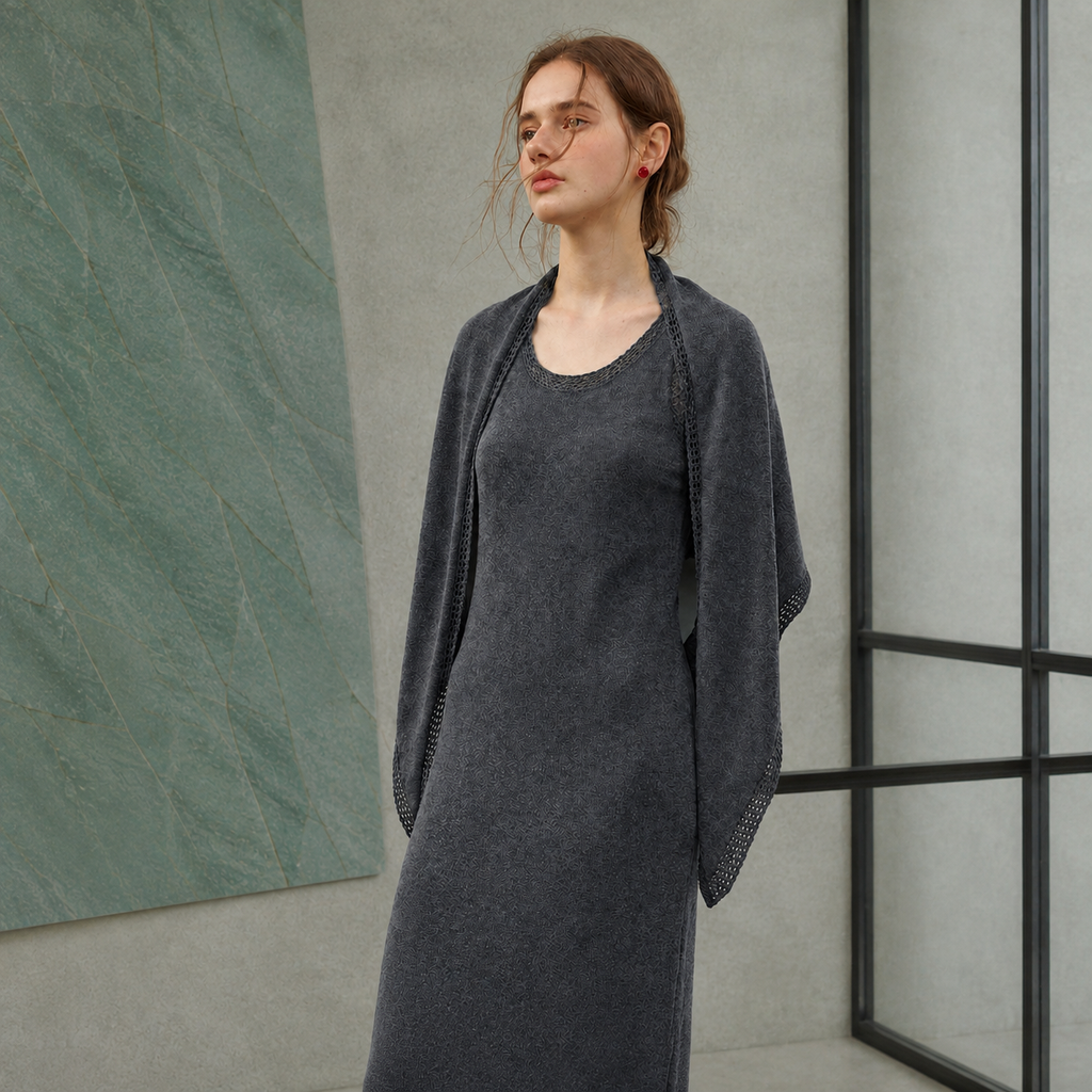 Wool Knit Shawl & Maxi Dress Set