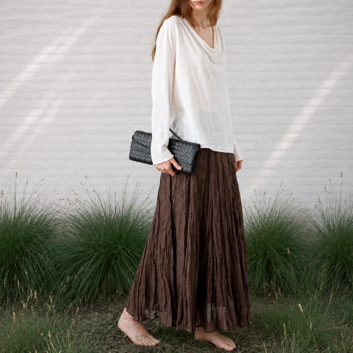 Linen-Cotton Cowl-Neck Long Sleeve Top