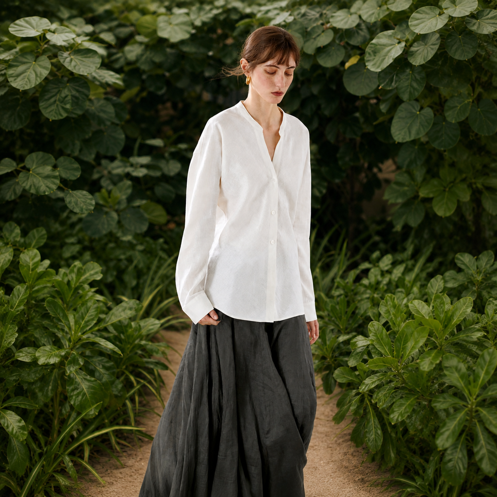 Minimalist Pure Linen Stand Collar Shirt