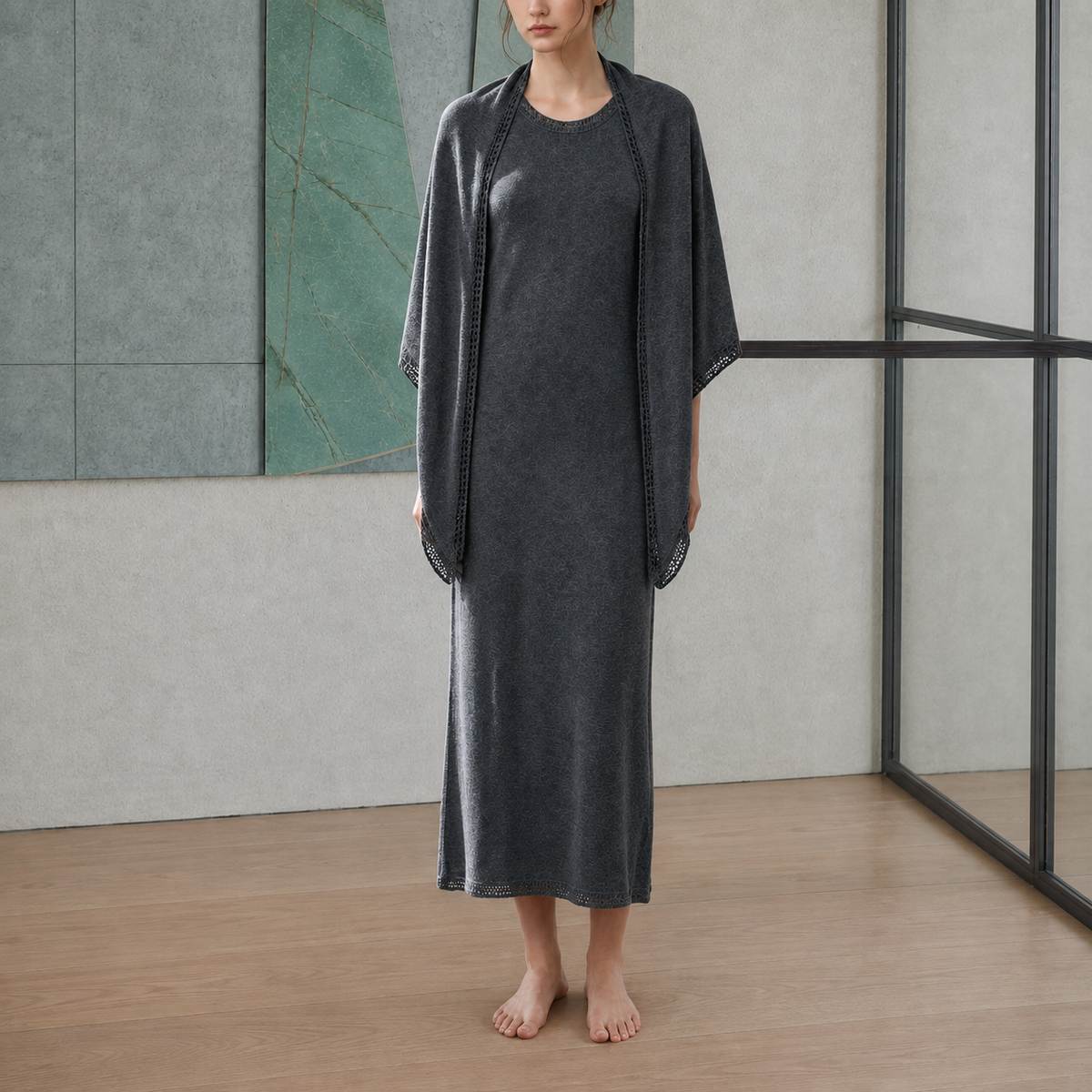 Wool Knit Shawl & Maxi Dress Set