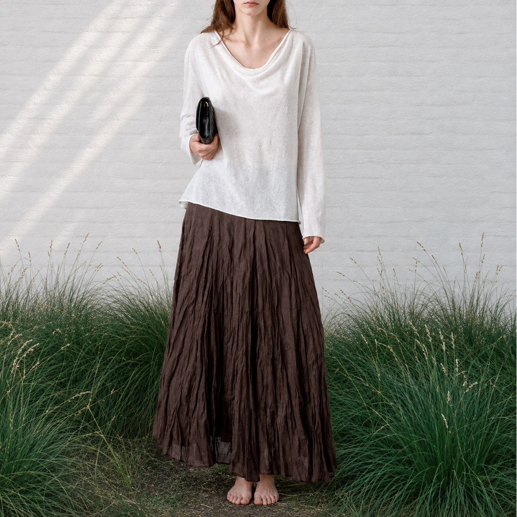 Linen-Cotton Cowl-Neck Long Sleeve Top