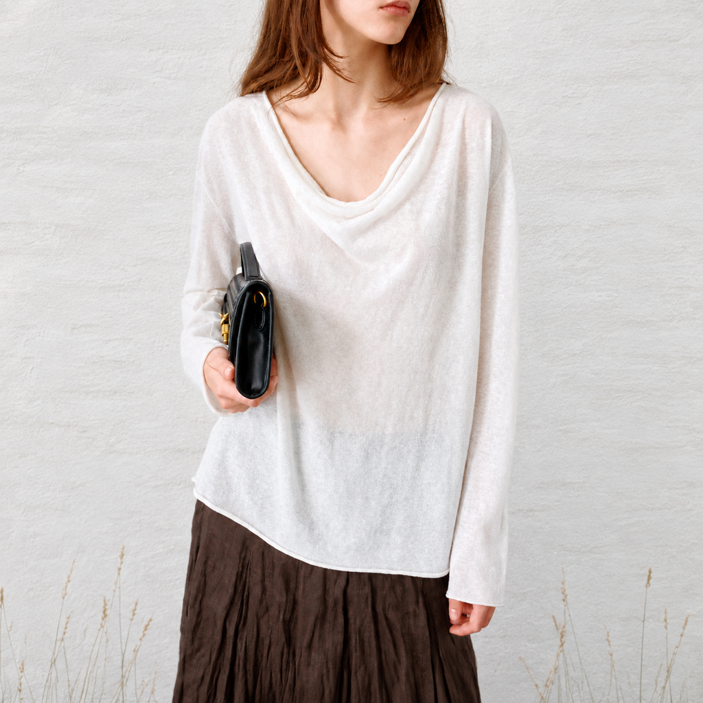 Linen-Cotton Cowl-Neck Long Sleeve Top