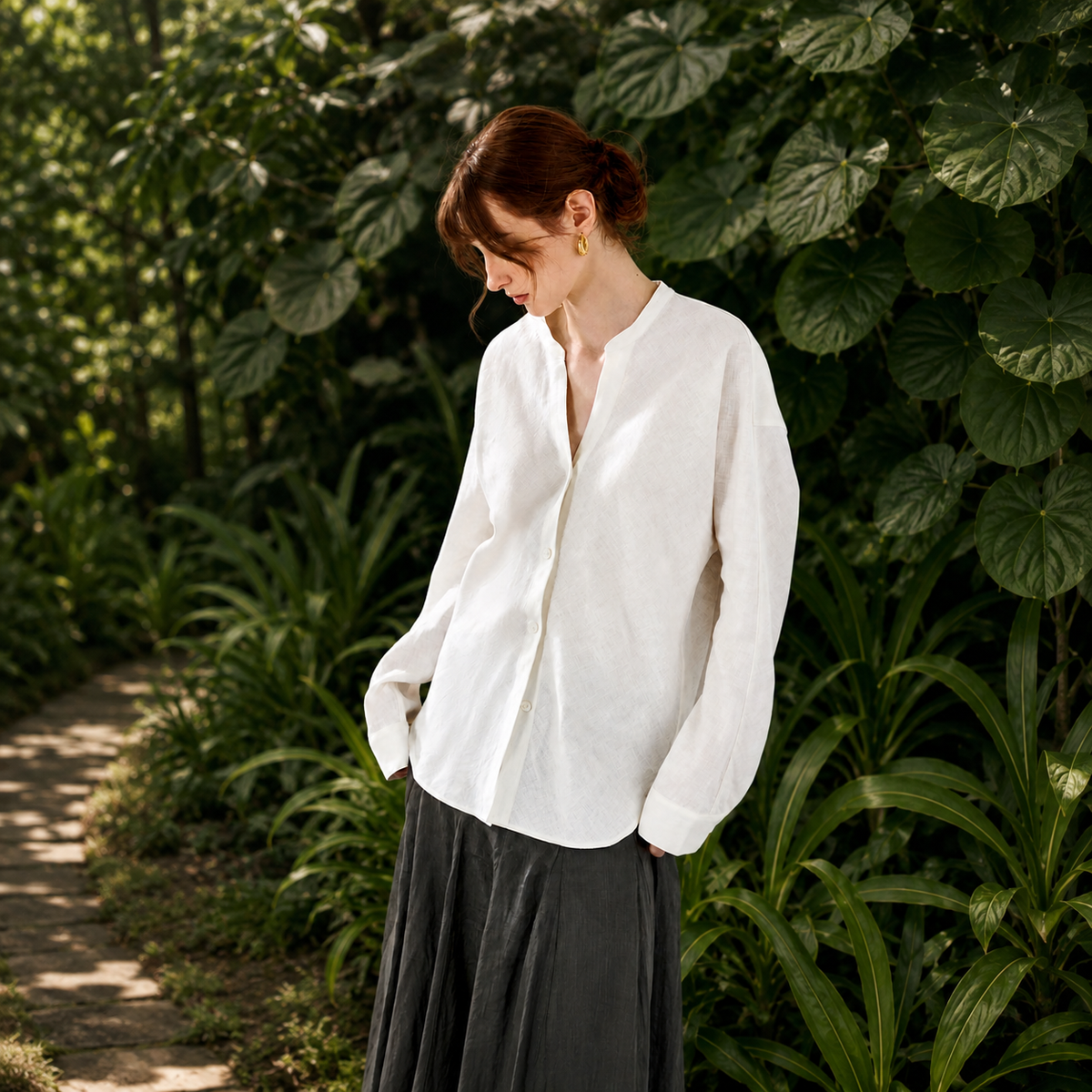 Minimalist Pure Linen Stand Collar Shirt