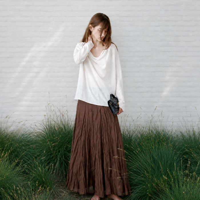 Linen-Cotton Cowl-Neck Long Sleeve Top