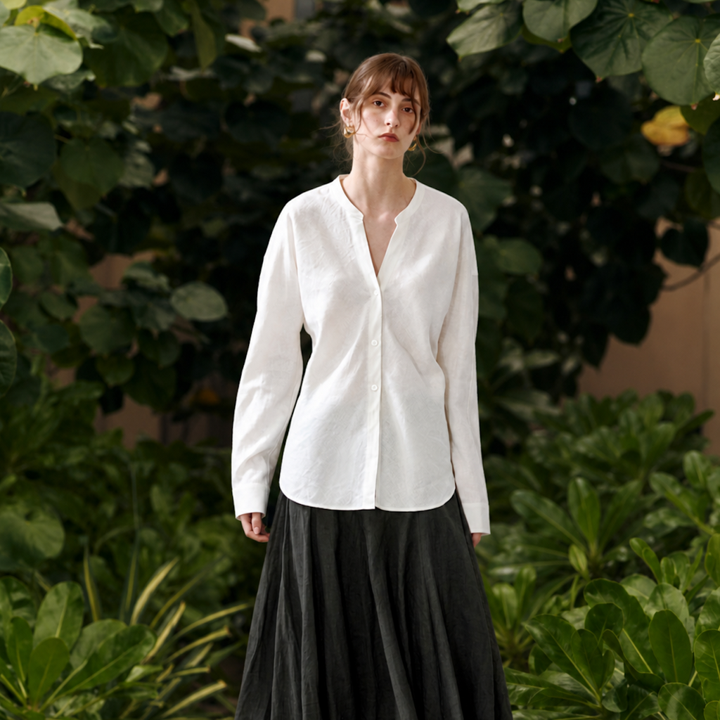 Minimalist Pure Linen Stand Collar Shirt