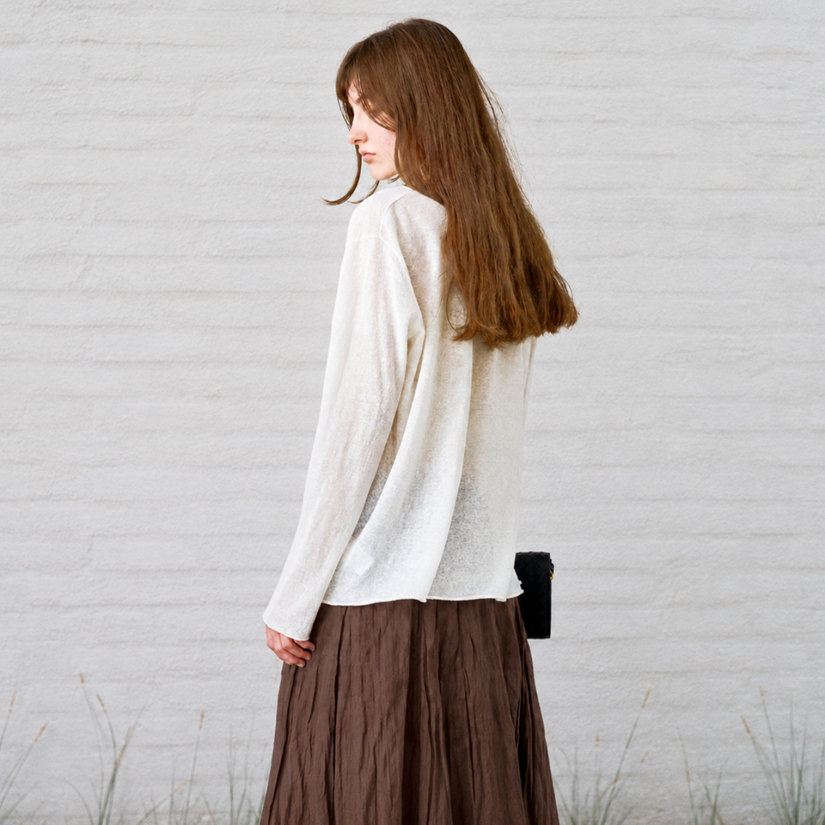 Linen-Cotton Cowl-Neck Long Sleeve Top