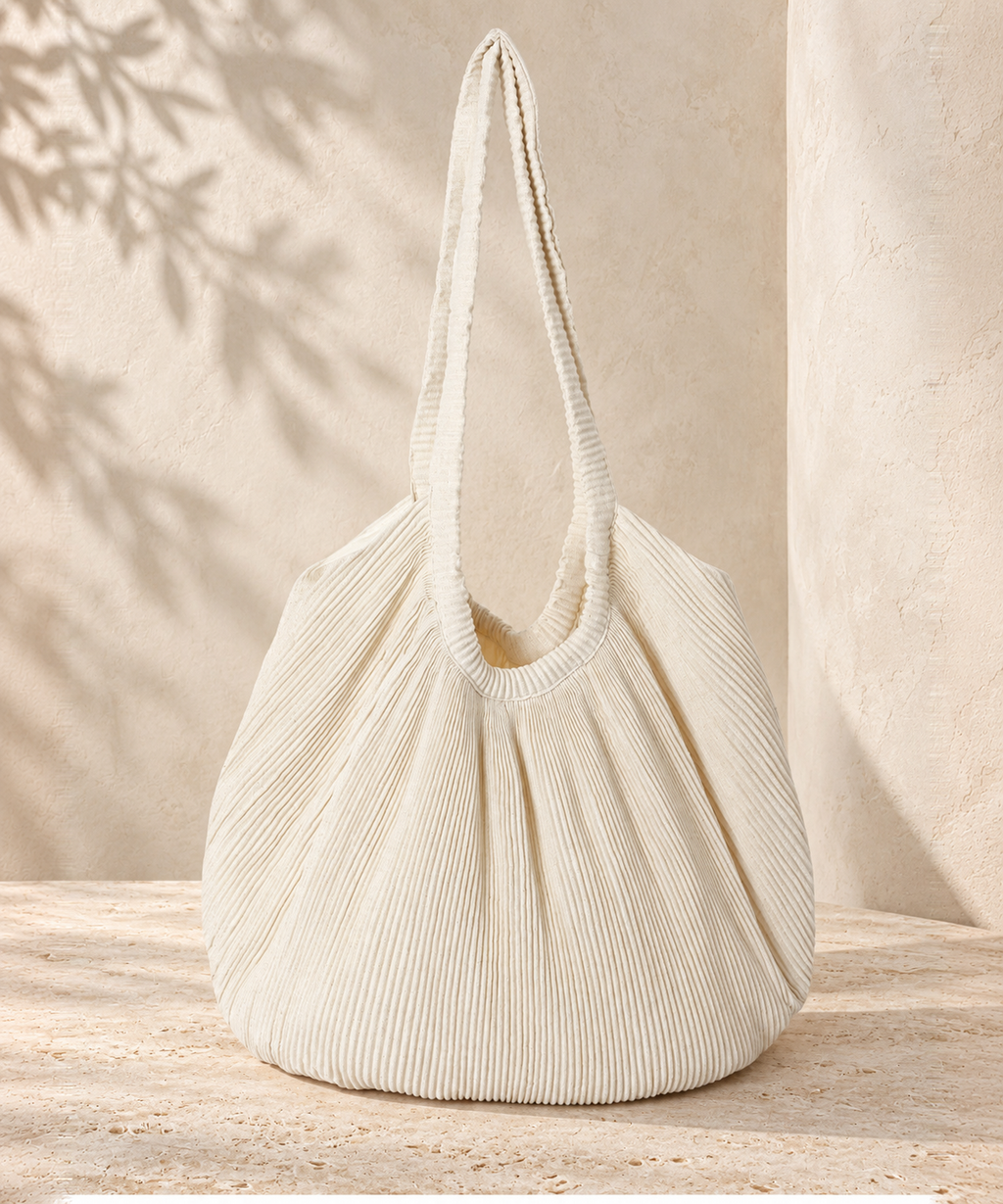 Cream Pleated Large Shoulder Tote — Cream — image 4