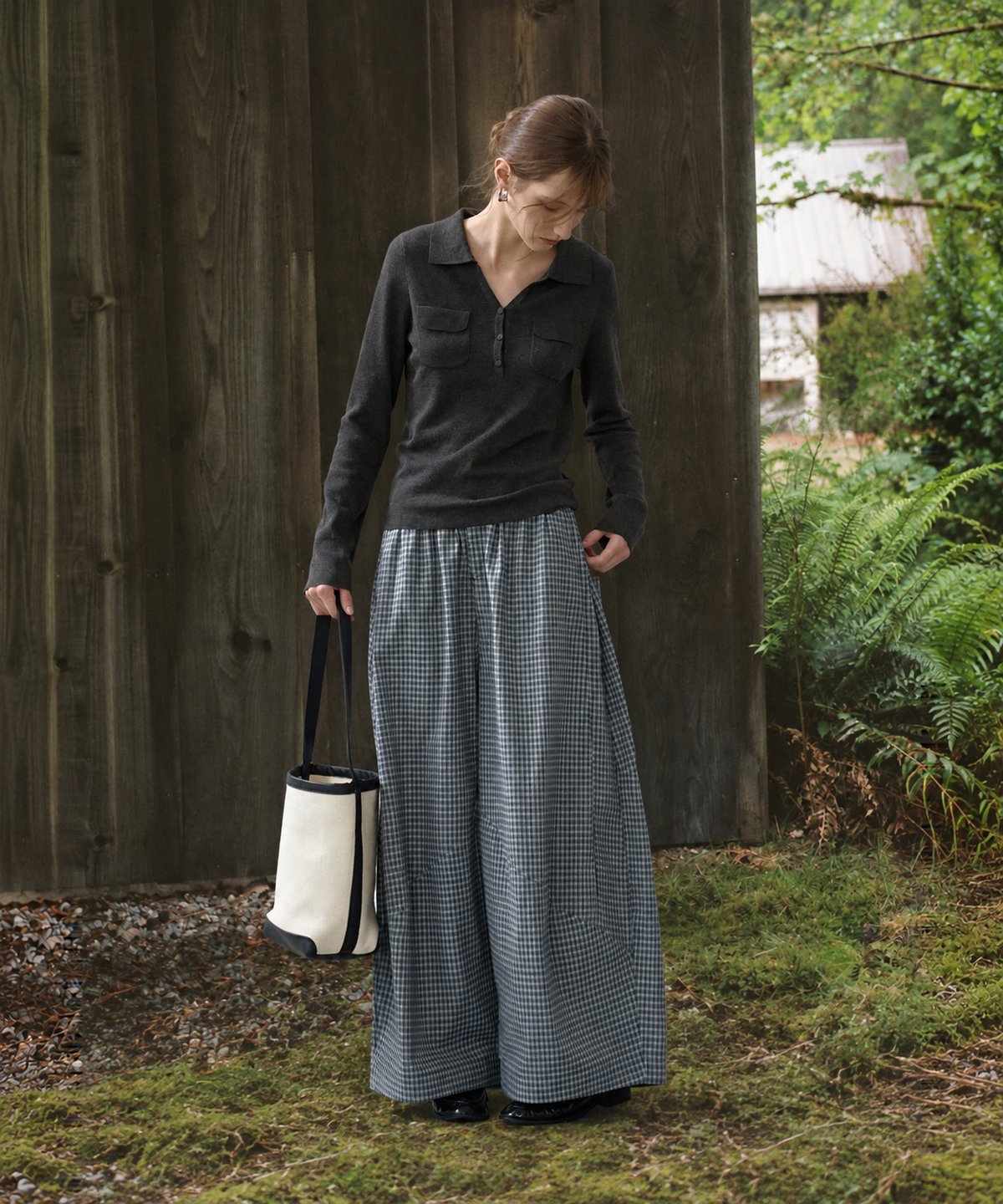 Plaid Cotton-Linen Wide-Leg Pants — Navy Plaid — image 1