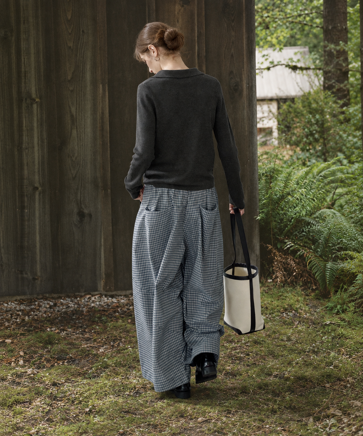 Plaid Cotton-Linen Wide-Leg Pants — Navy Plaid — image 2
