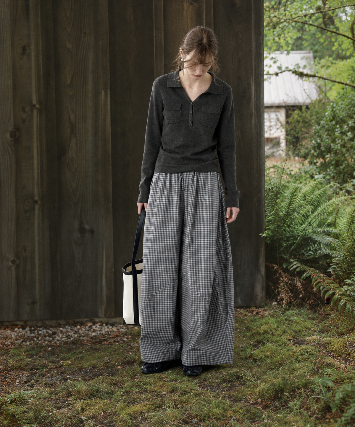 Plaid Cotton-Linen Wide-Leg Pants — Navy Plaid — image 3