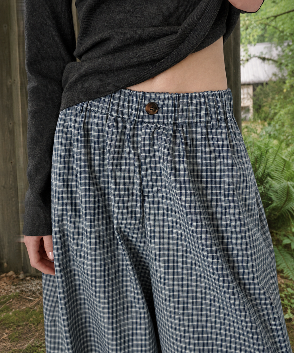 Plaid Cotton-Linen Wide-Leg Pants — Navy Plaid — image 4