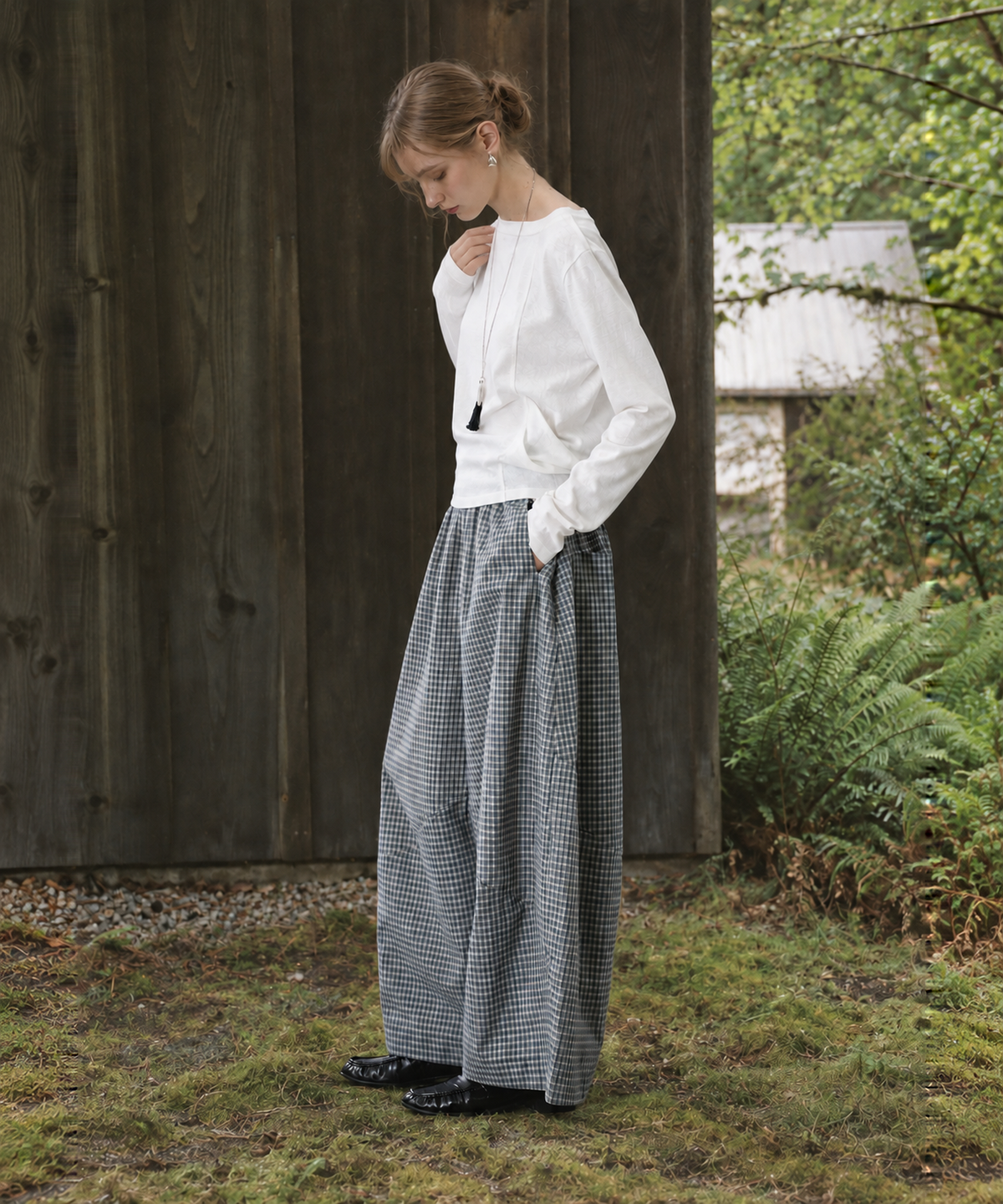 Plaid Cotton-Linen Wide-Leg Pants — Navy Plaid — image 5