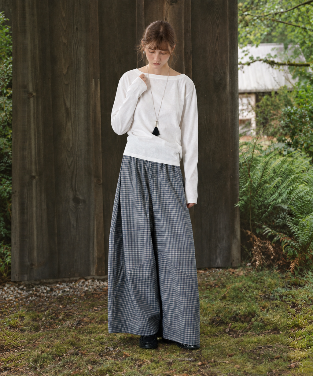 Plaid Cotton-Linen Wide-Leg Pants — Navy Plaid — image 6