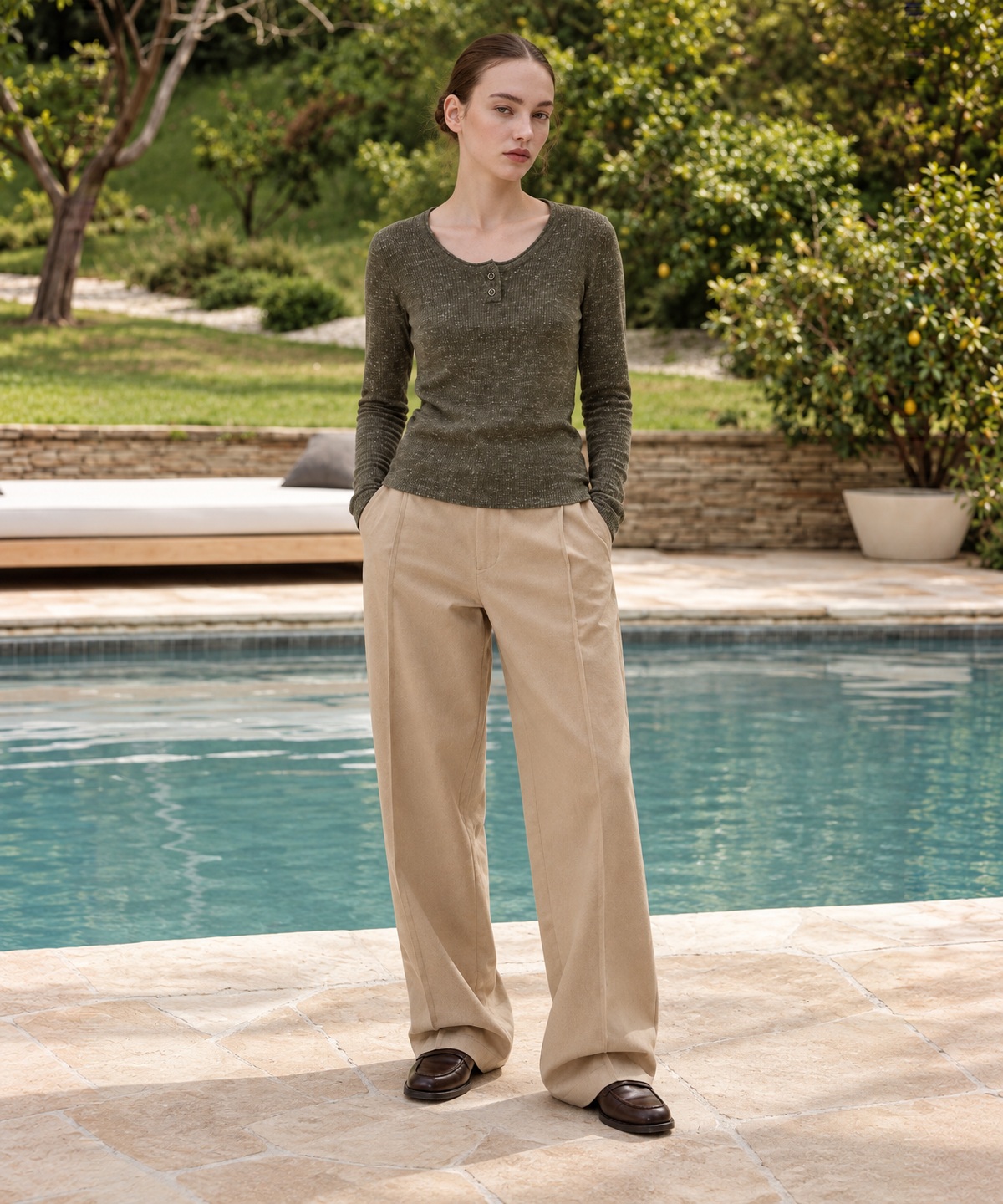 Linen-Blend Henley Knit Top — Olive — image 3