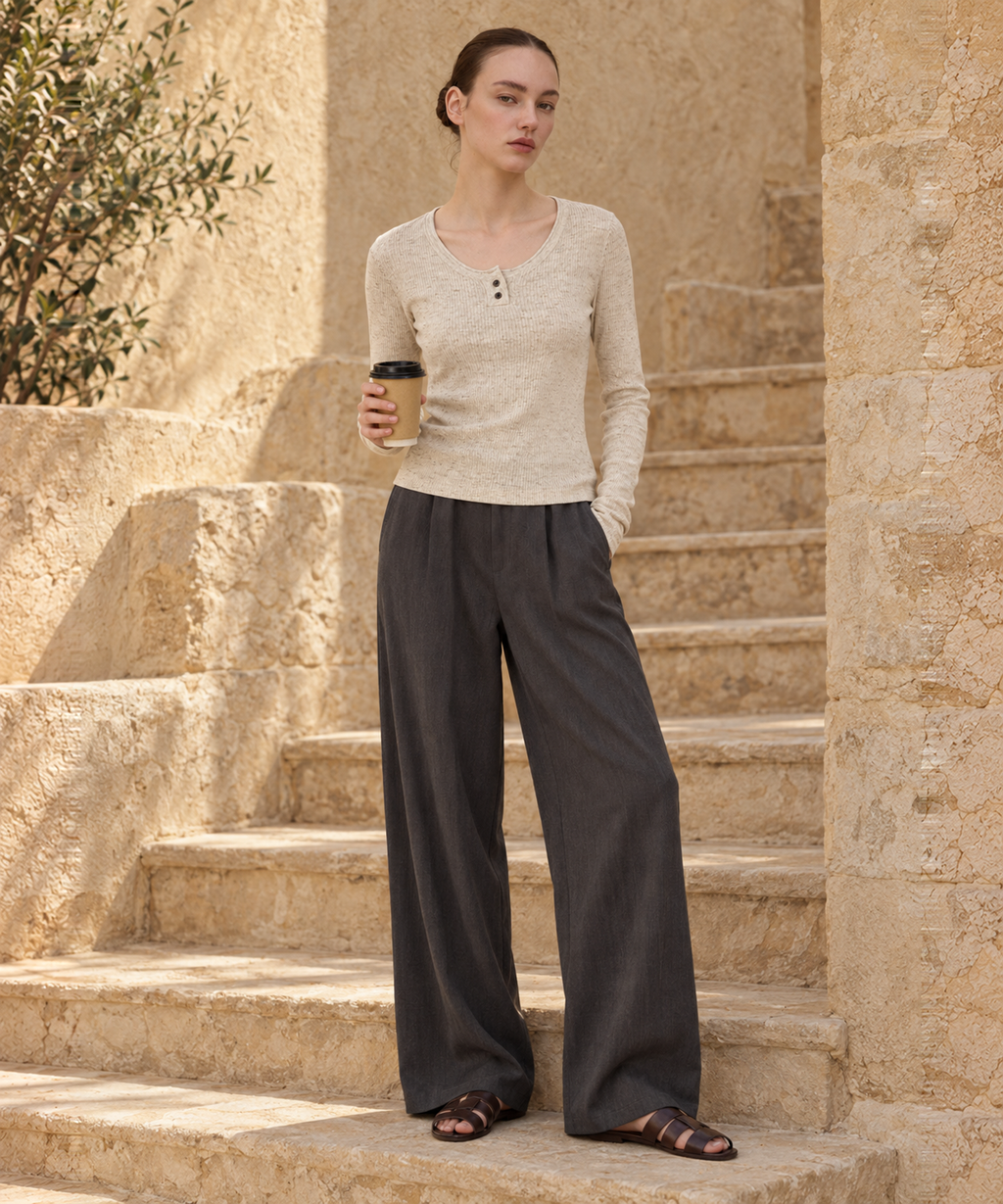 Linen-Blend Henley Knit Top — Beige — image 2
