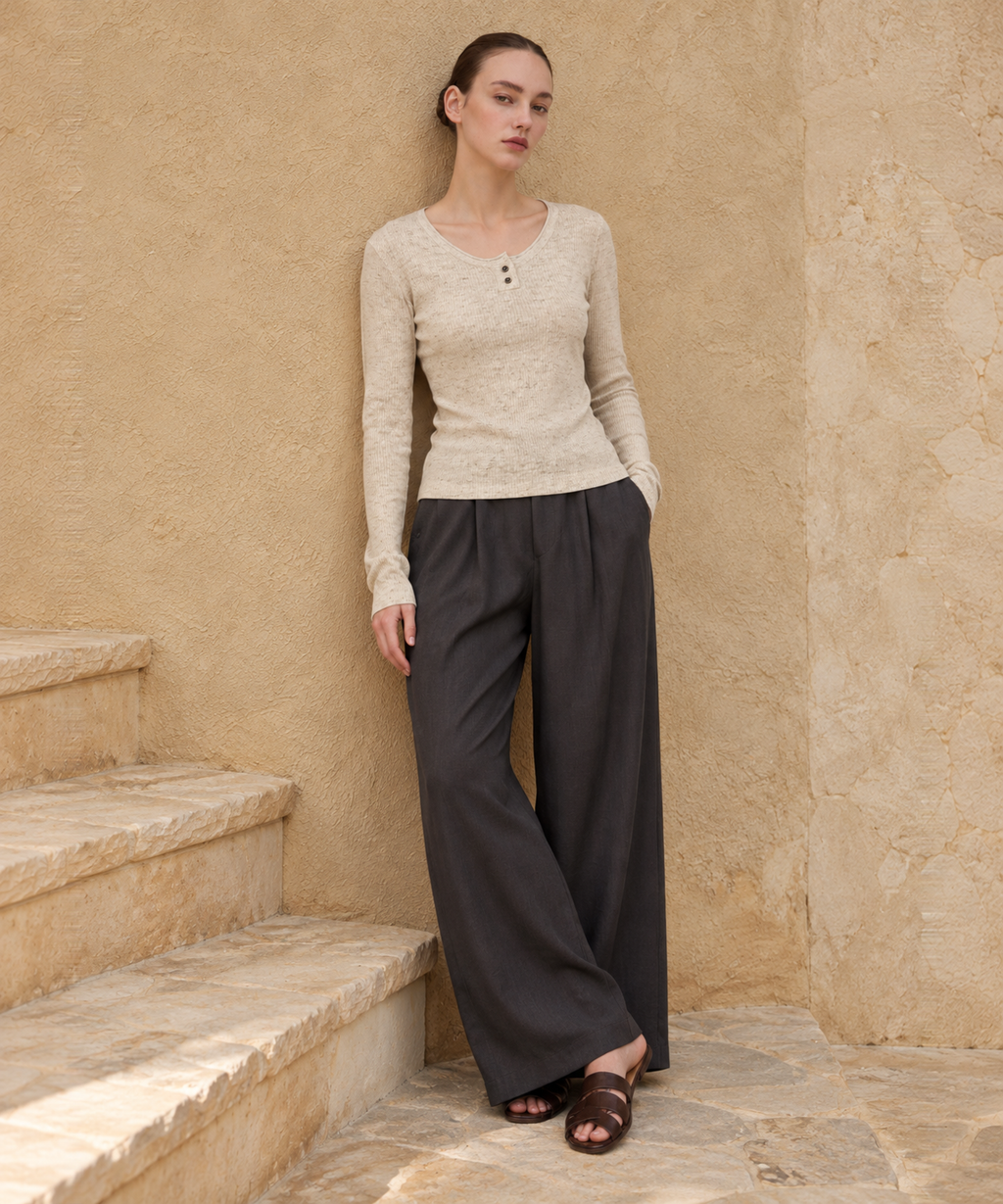 Linen-Blend Henley Knit Top — Beige — image 4