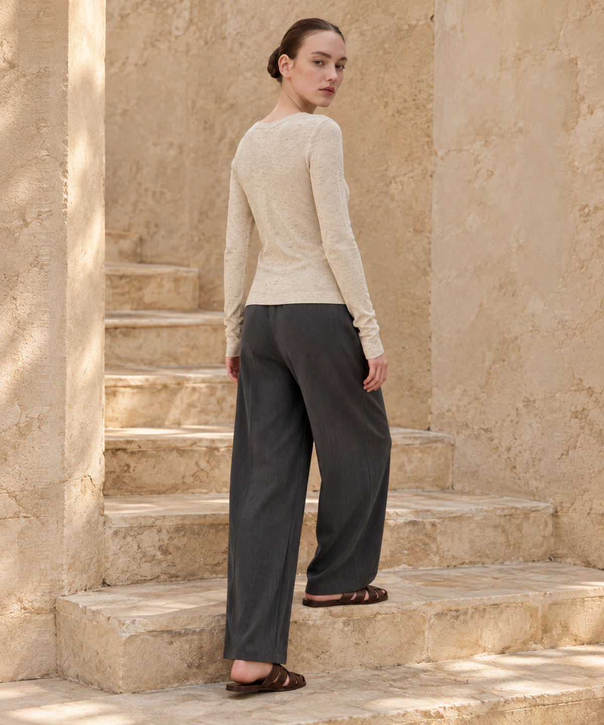 Linen-Blend Henley Knit Top — Beige — image 5