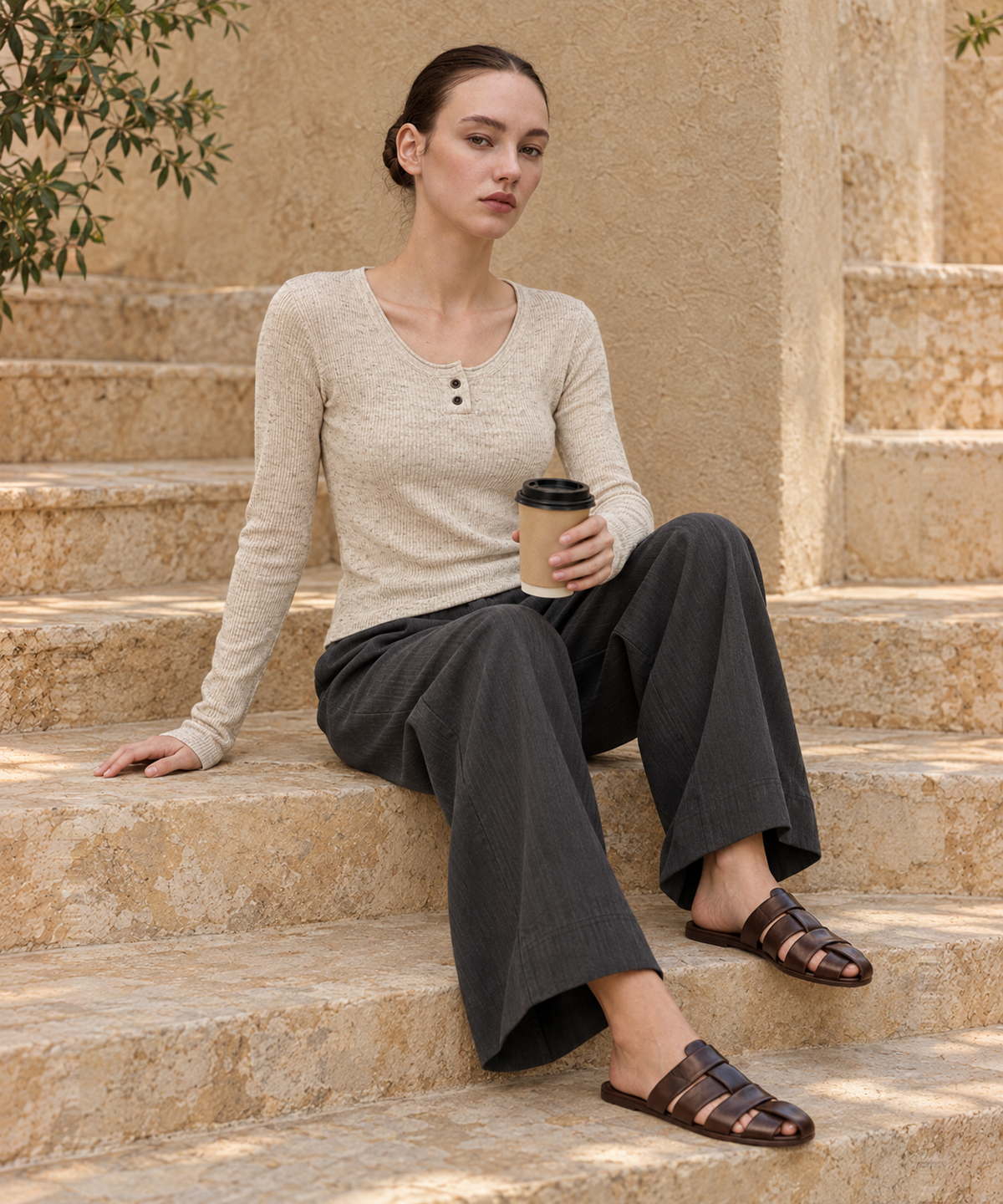 Linen-Blend Henley Knit Top — Beige — image 6