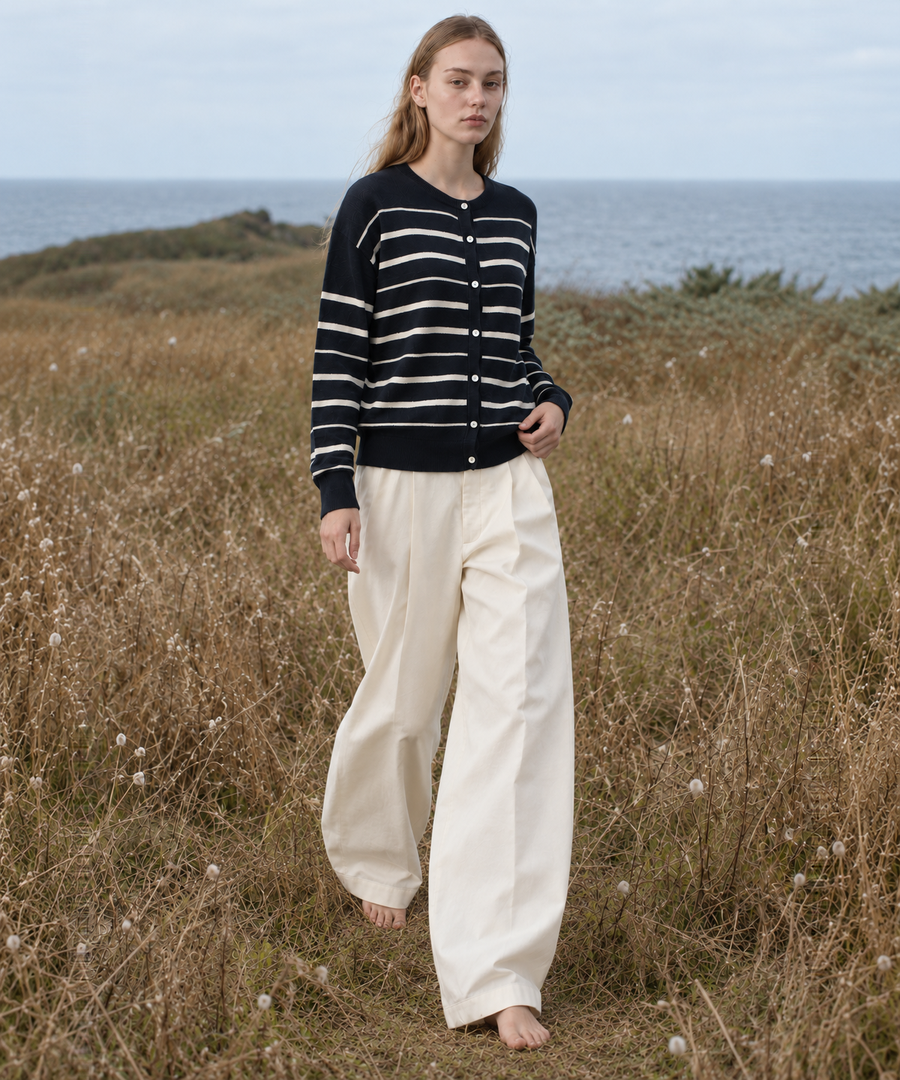 Classic Striped Linen-Blend Cardigan — Navy Stripe — image 1