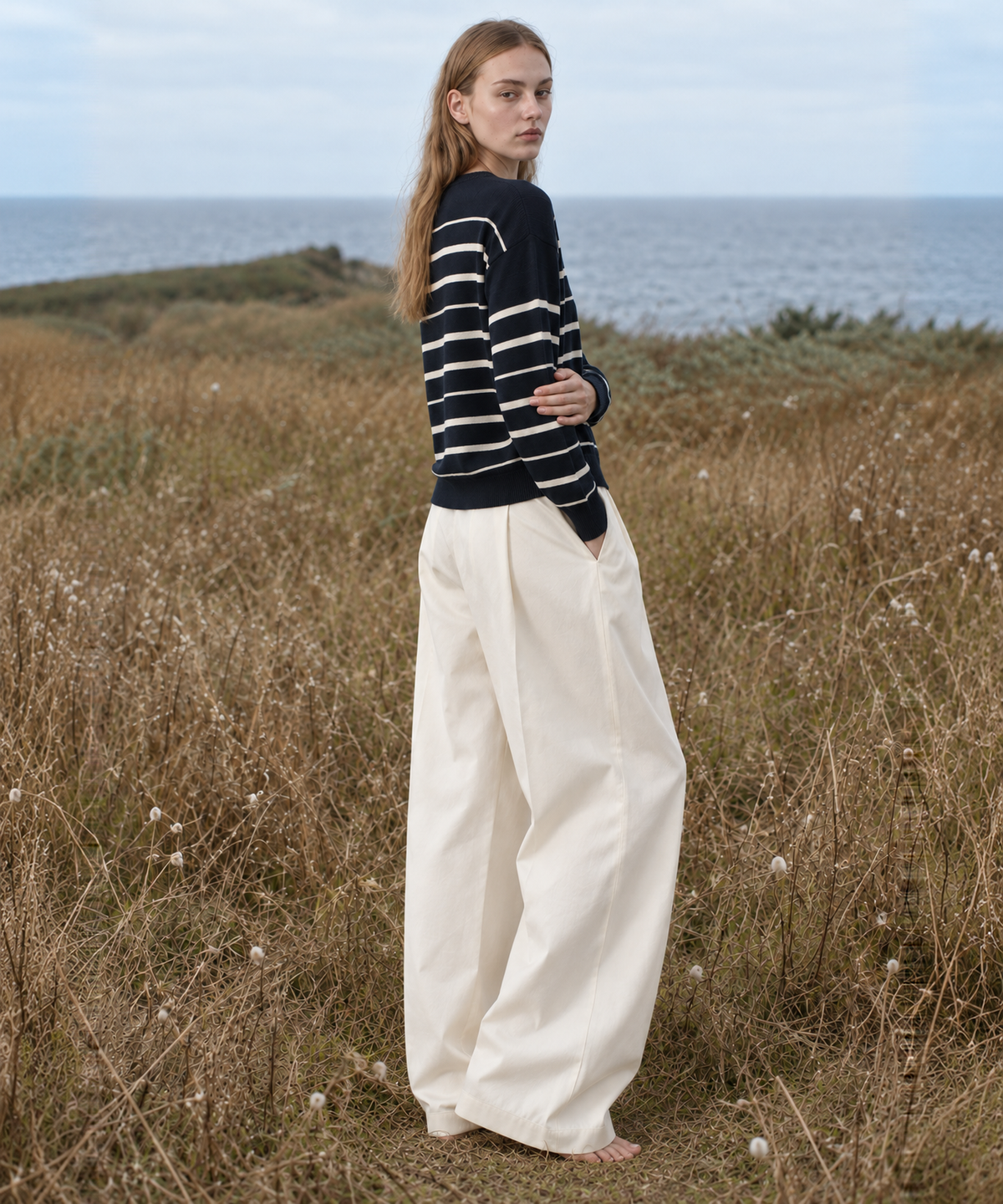Classic Striped Linen-Blend Cardigan — Navy Stripe — image 2