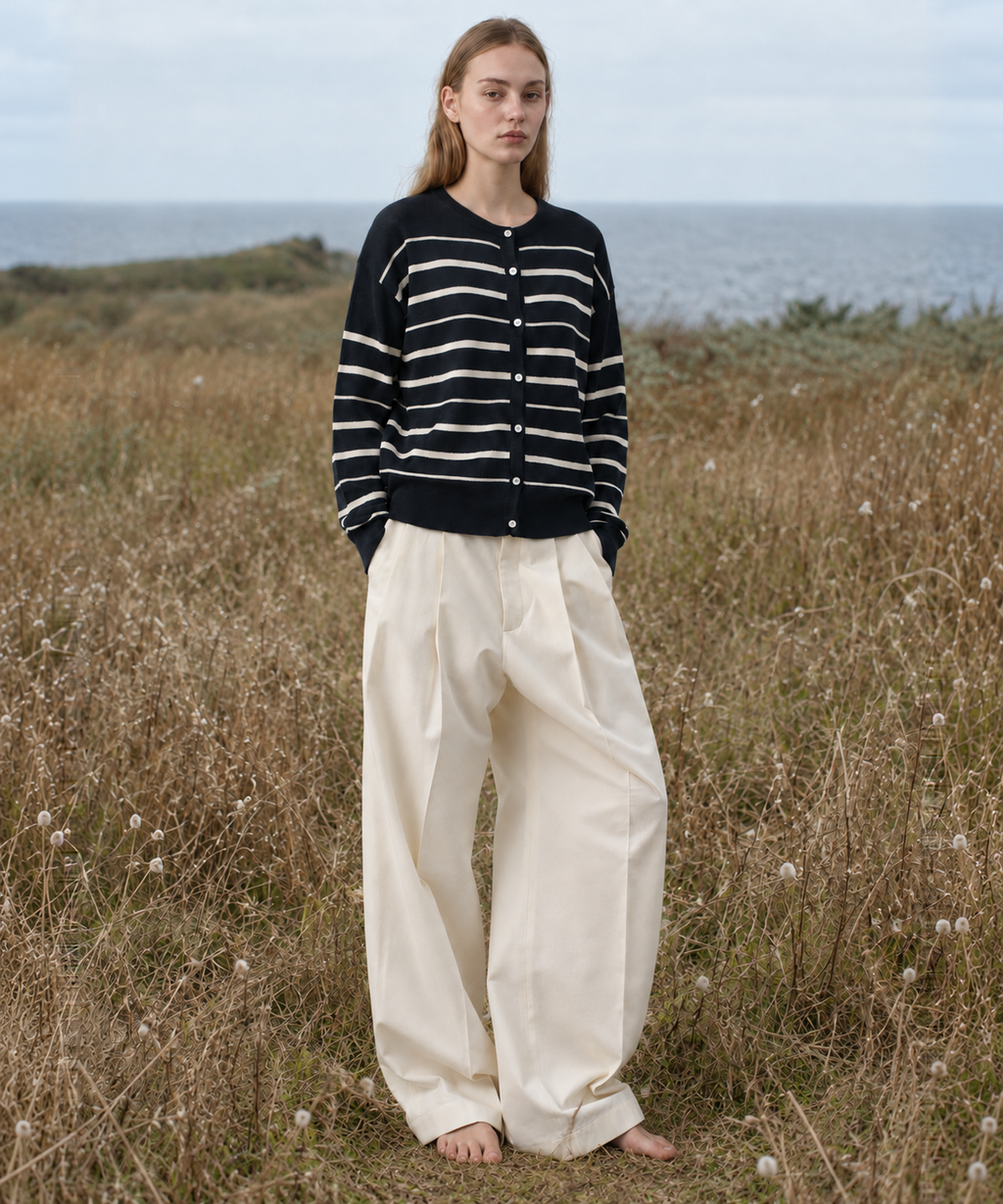 Classic Striped Linen-Blend Cardigan — Navy Stripe — image 3