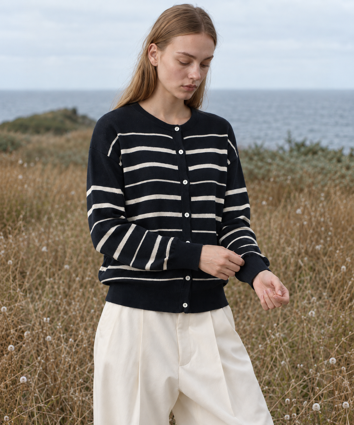 Classic Striped Linen-Blend Cardigan — Navy Stripe — image 4