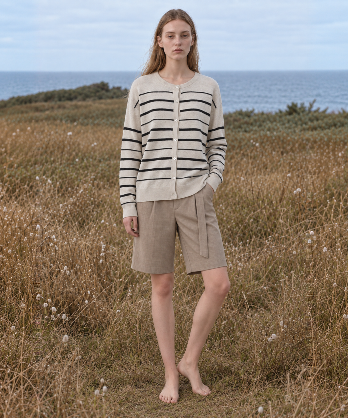 Classic Striped Linen-Blend Cardigan — Ivory Stripe — image 1
