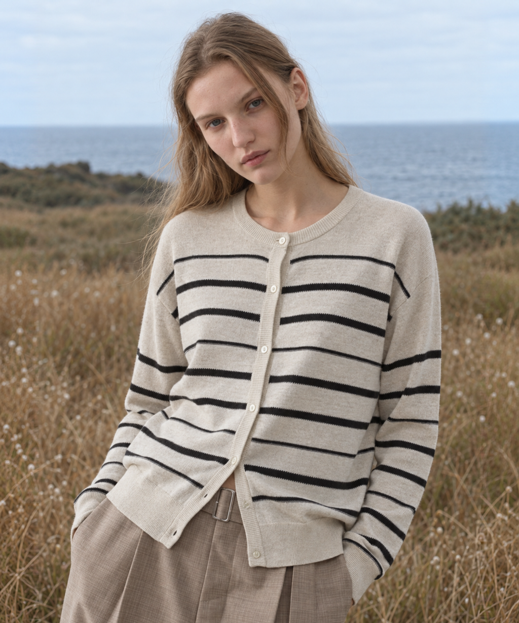 Classic Striped Linen-Blend Cardigan — Ivory Stripe — image 3