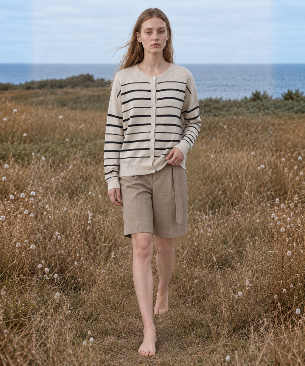 Classic Striped Linen-Blend Cardigan — Ivory Stripe — image 4