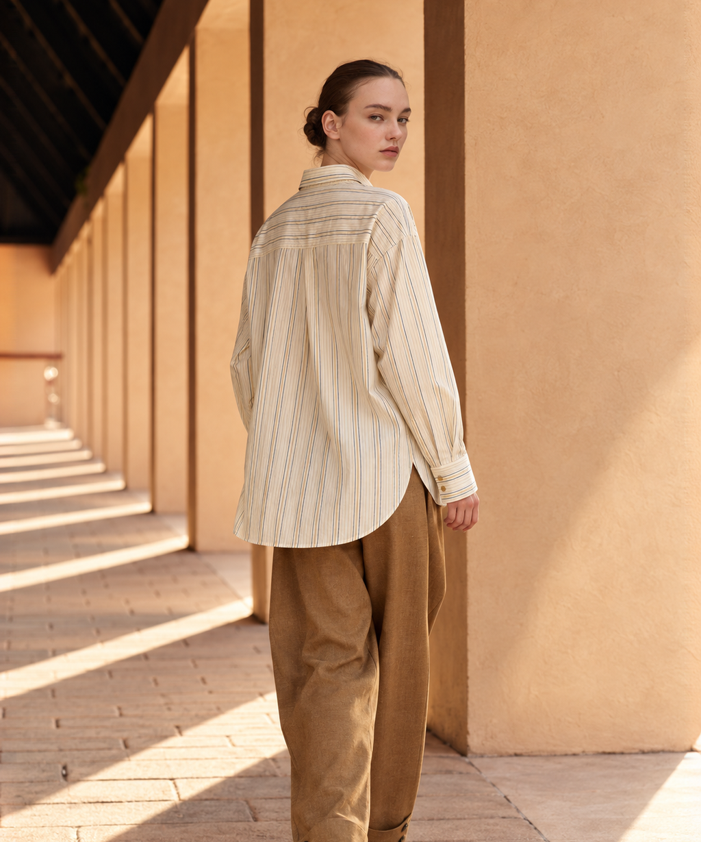 French Striped Cotton Shirt — Beige Stripe — image 2