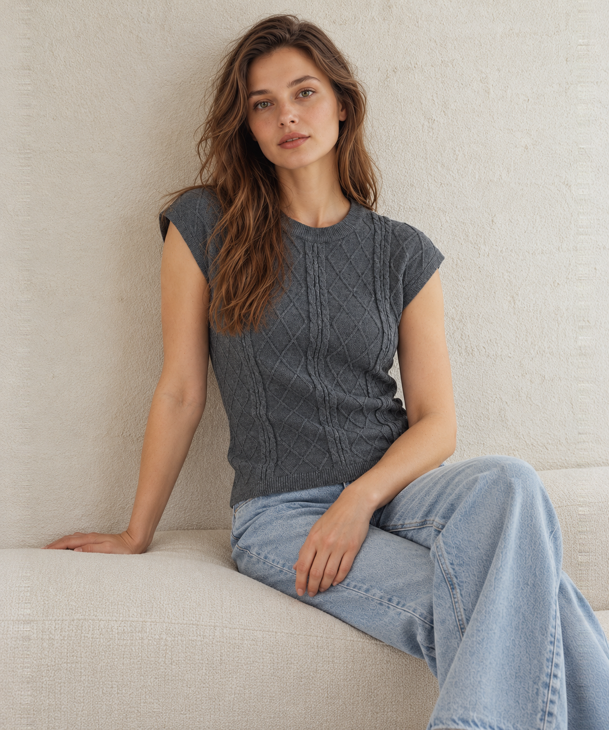 Linen-Blend Cable Knit Vest — Gray — image 1