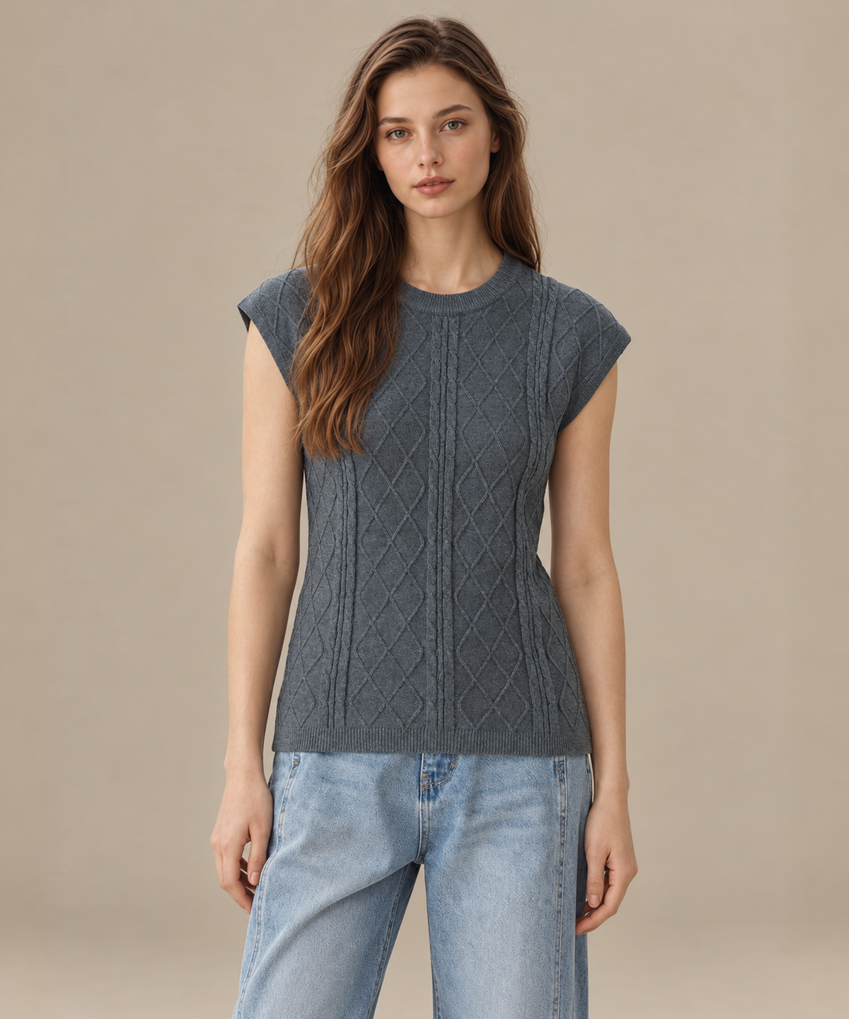 Linen-Blend Cable Knit Vest — Gray — image 2