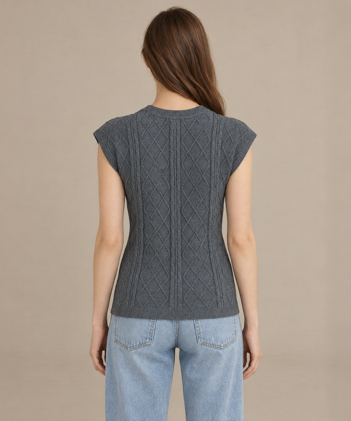 Linen-Blend Cable Knit Vest — Gray — image 3