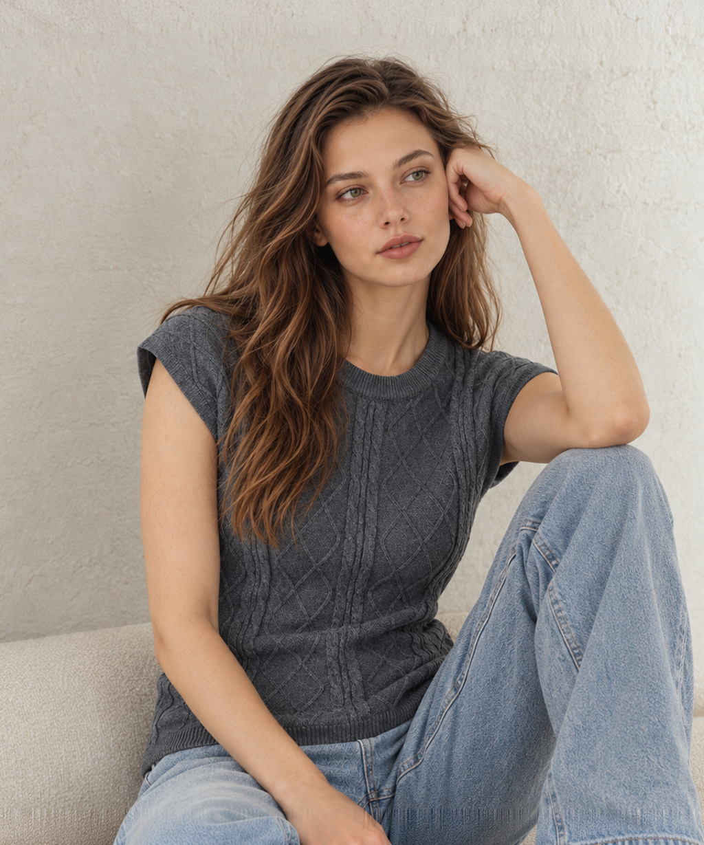Linen-Blend Cable Knit Vest — Gray — image 5