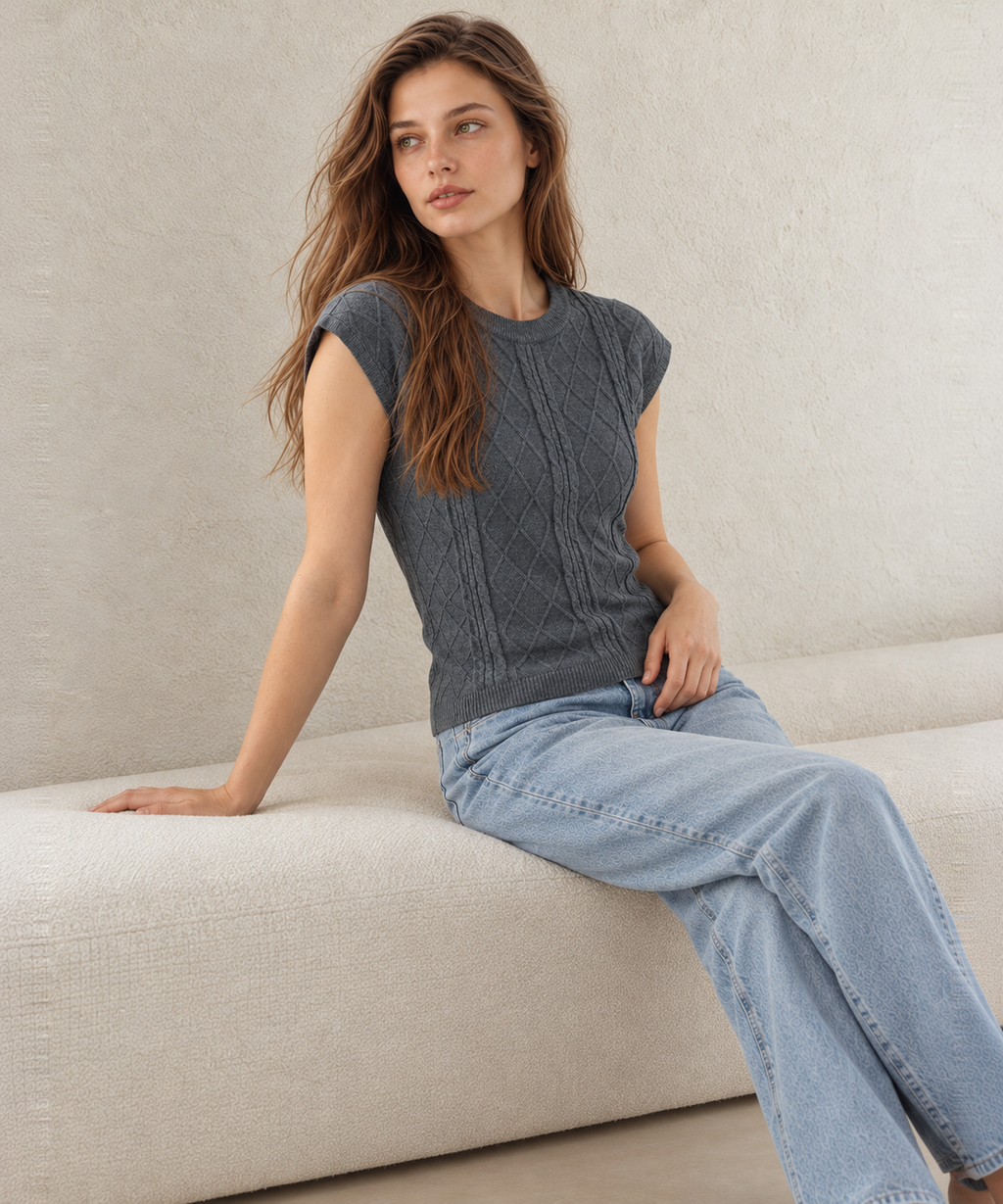 Linen-Blend Cable Knit Vest — Gray — image 6