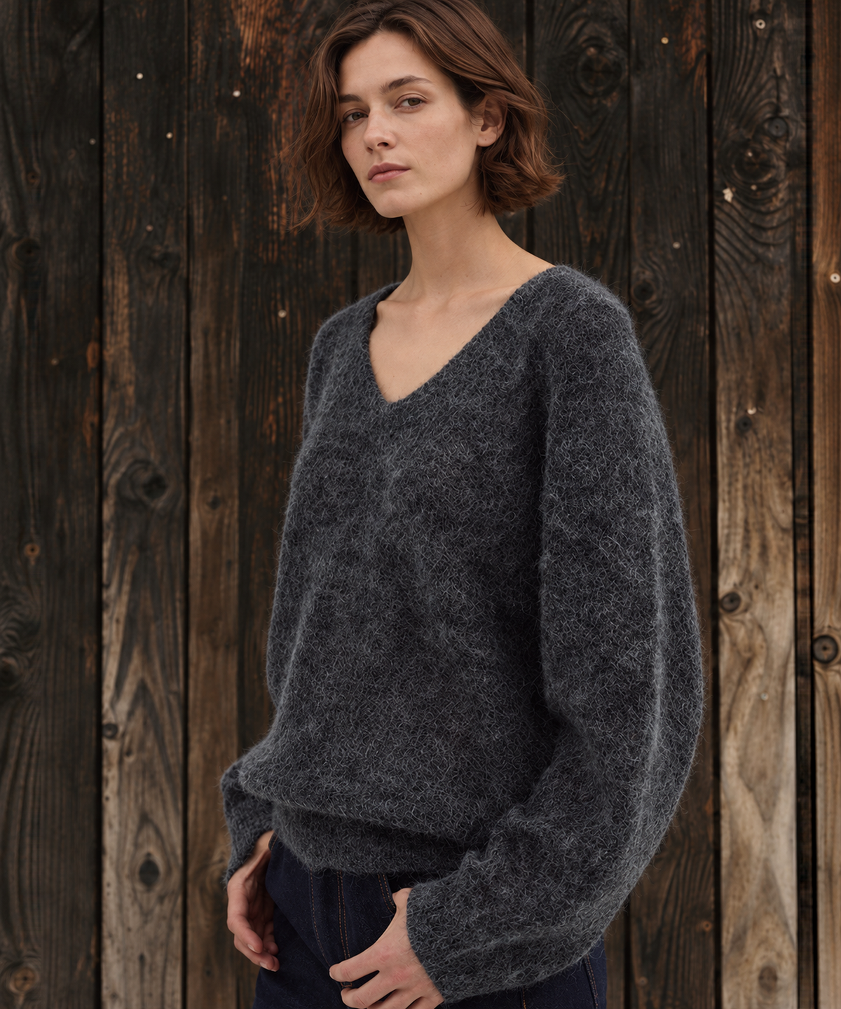 Brushed Cashmere V-Neck Sweater — Charcoal — image 1