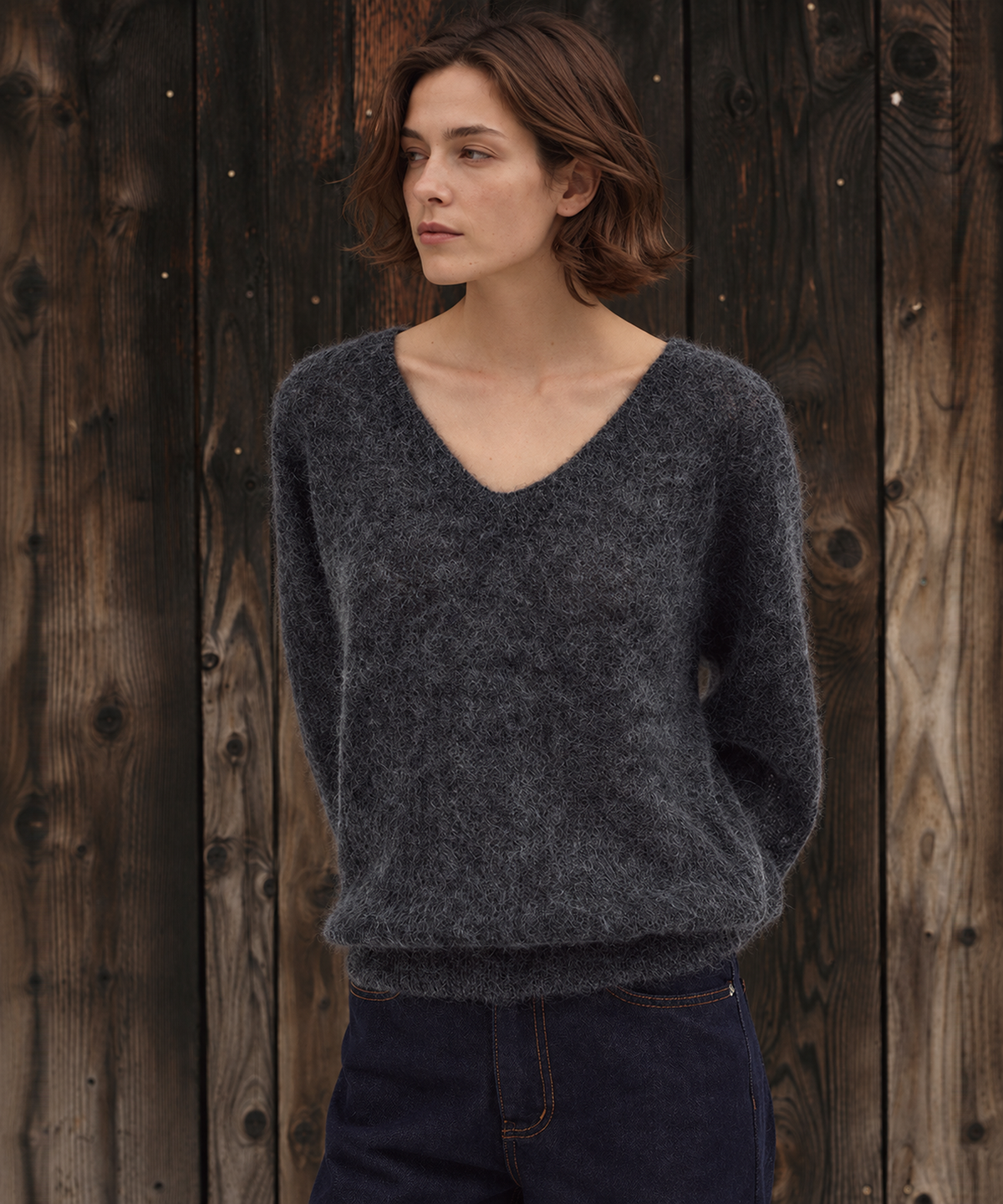 Brushed Cashmere V-Neck Sweater — Charcoal — image 3