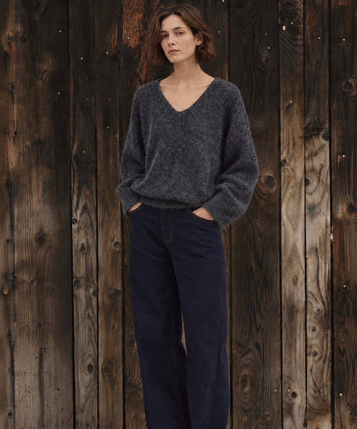 Brushed Cashmere V-Neck Sweater — Charcoal — image 5