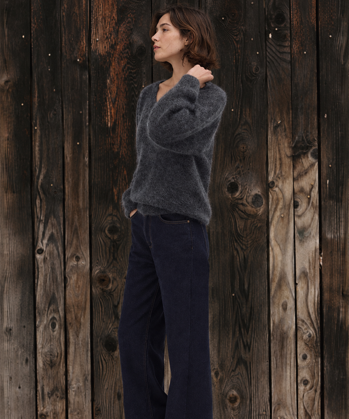 Brushed Cashmere V-Neck Sweater — Charcoal — image 6