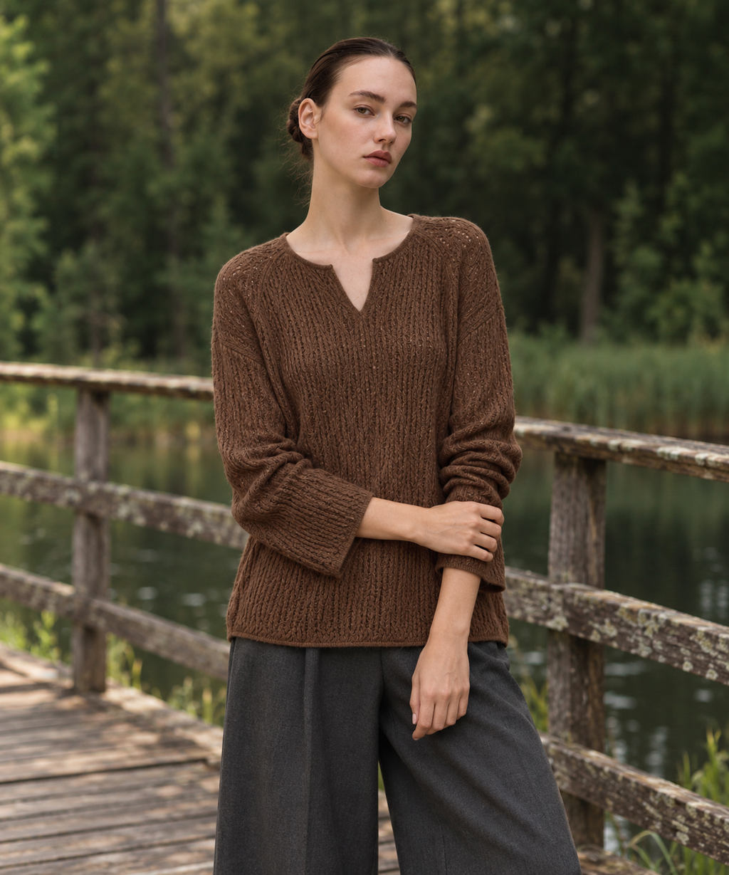 Cashmere-Blend Openwork Sweater — Brown — image 2
