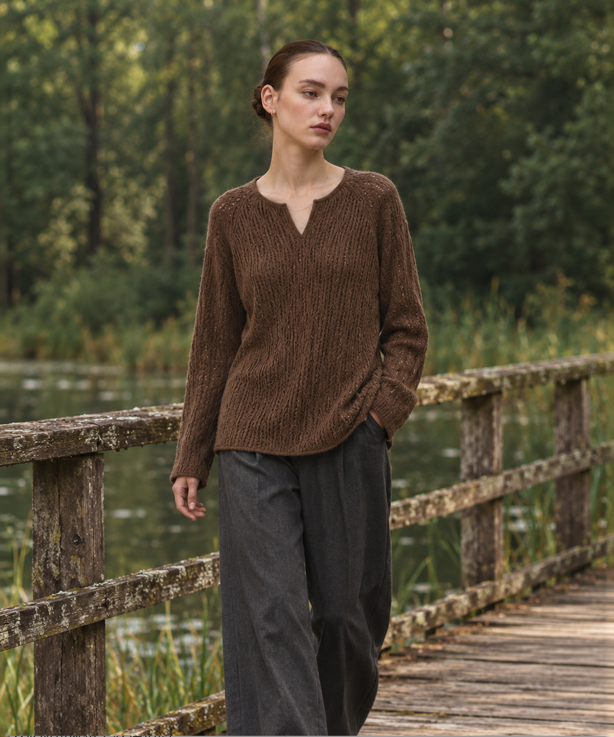 Cashmere-Blend Openwork Sweater — Brown — image 4