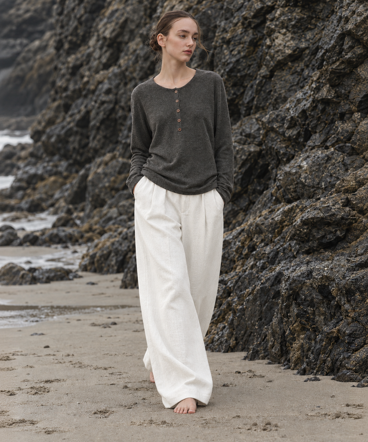 Henley Linen-Blend Long Sleeve Top — Charcoal — image 1