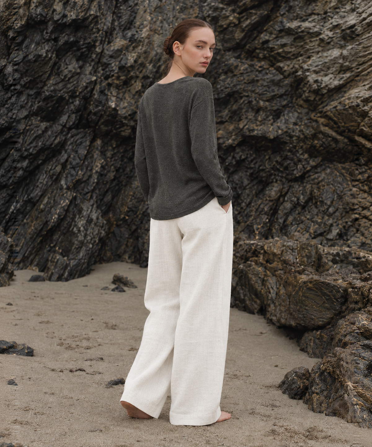 Henley Linen-Blend Long Sleeve Top — Charcoal — image 2