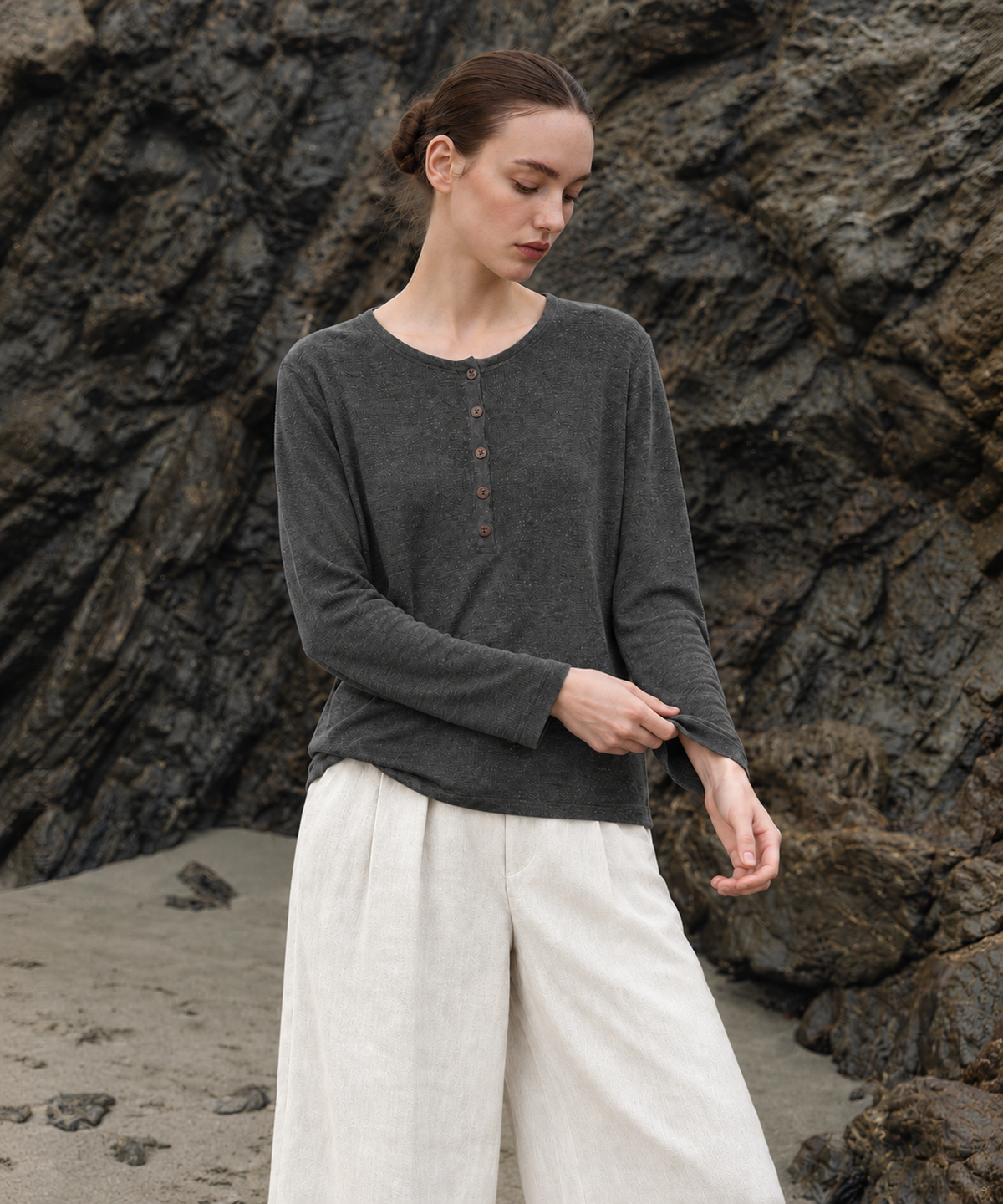 Henley Linen-Blend Long Sleeve Top — Charcoal — image 3