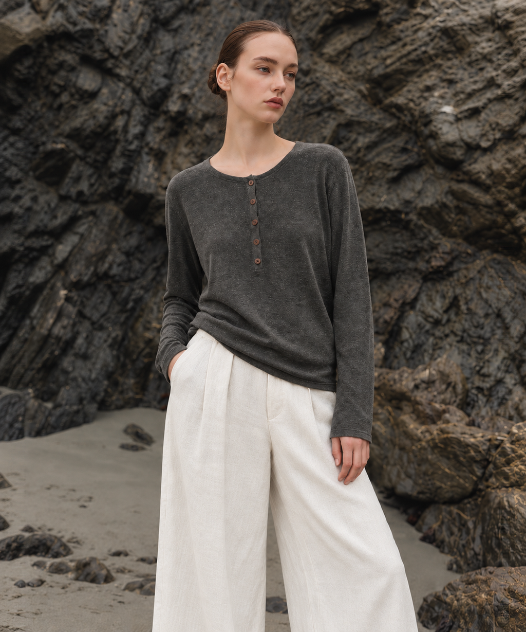 Henley Linen-Blend Long Sleeve Top — Charcoal — image 4