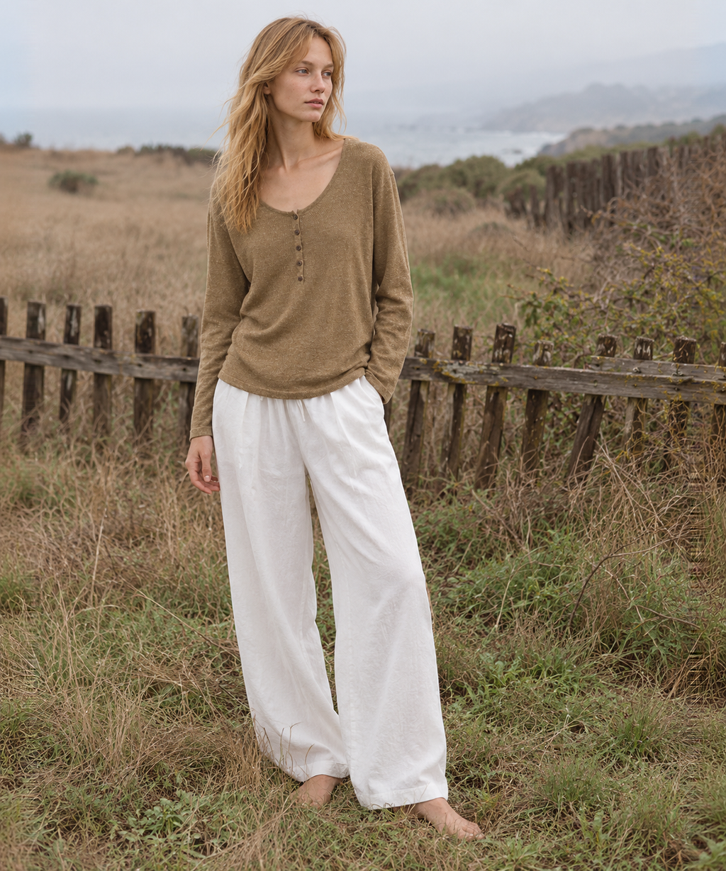 Henley Linen-Blend Long Sleeve Top — Khaki — image 1