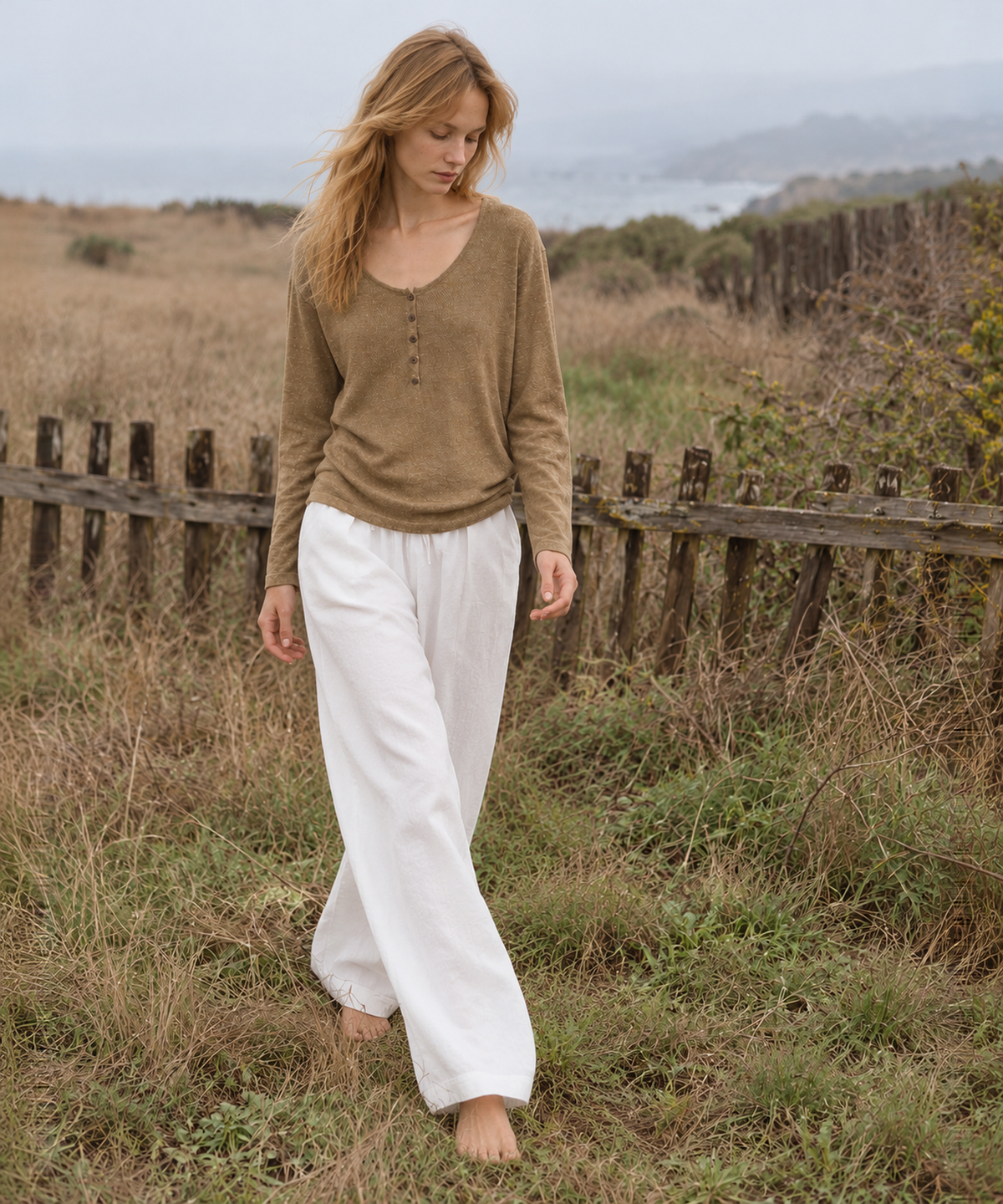 Henley Linen-Blend Long Sleeve Top — Khaki — image 2