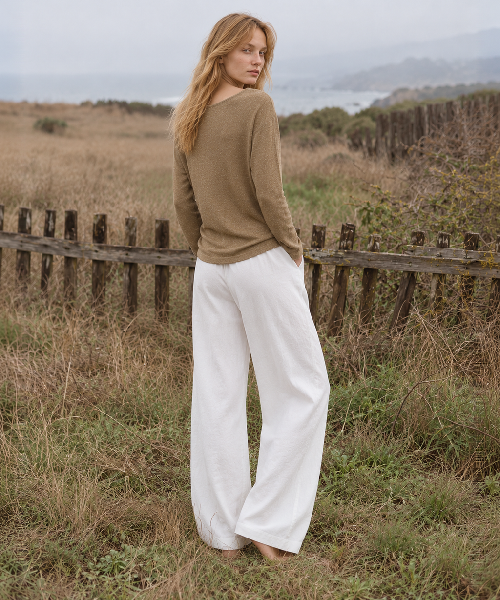 Henley Linen-Blend Long Sleeve Top — Khaki — image 3