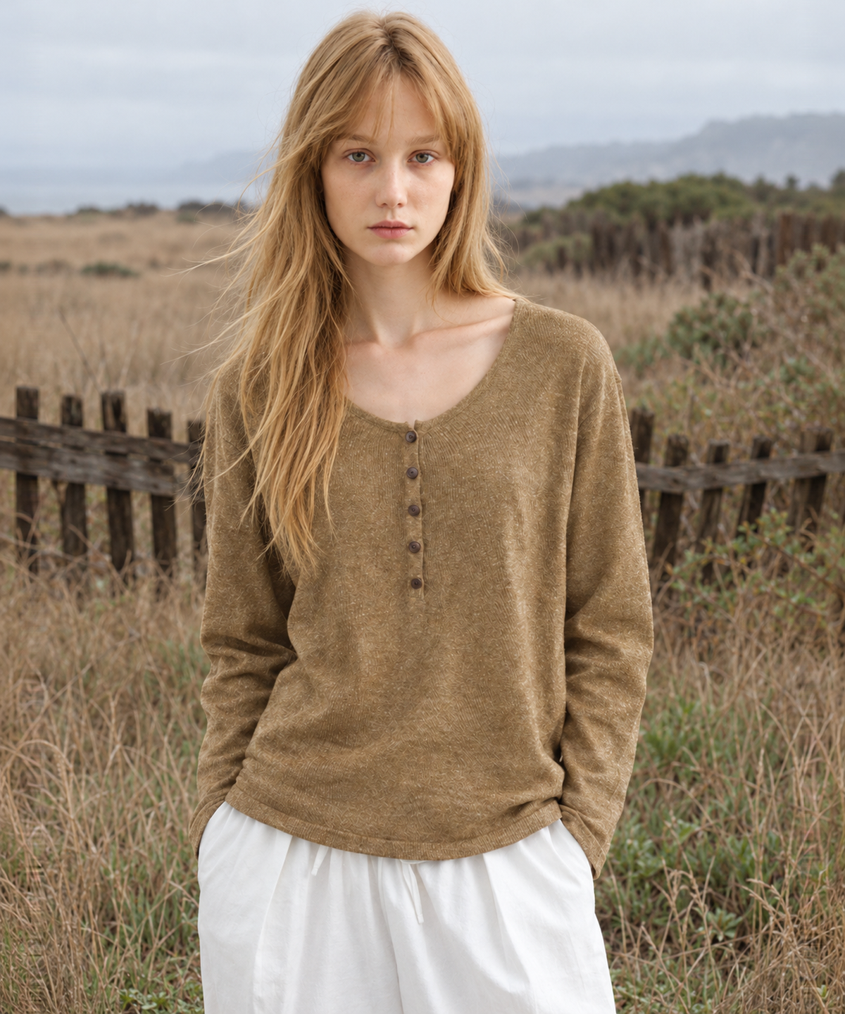 Henley Linen-Blend Long Sleeve Top — Khaki — image 4